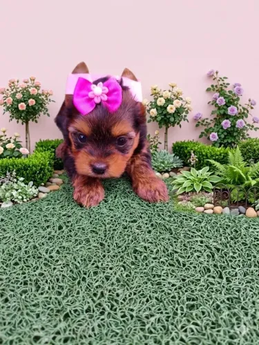 Yorkshire Terrier filhote com olhos claros e pelagem linda