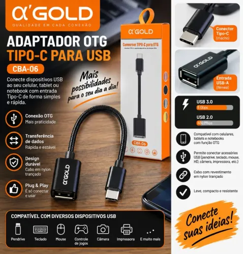 Adaptador OTG Tipo-C para USB ?Gold CBA-06 - Pendrive, Mouse e Teclado