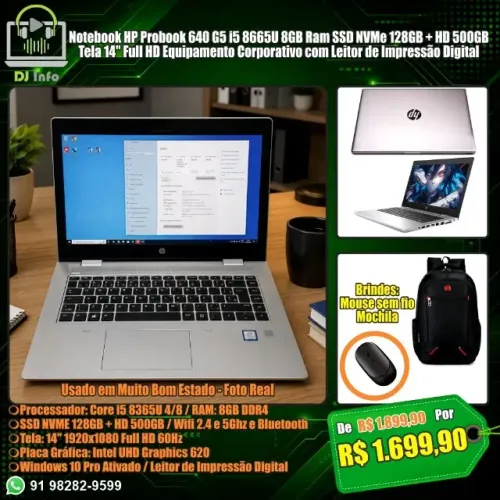 Notebook HP Probook 640 G5 i5 8665U 8GB Ram SSD NVMe 128GB + HD 500GB Tela 14" Full HD