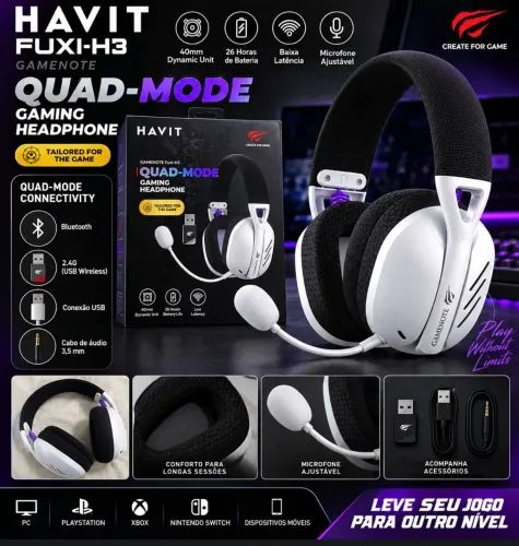 Headset Gamer Sem Fio Havit Fuxi-H3 Quad Mode Branco