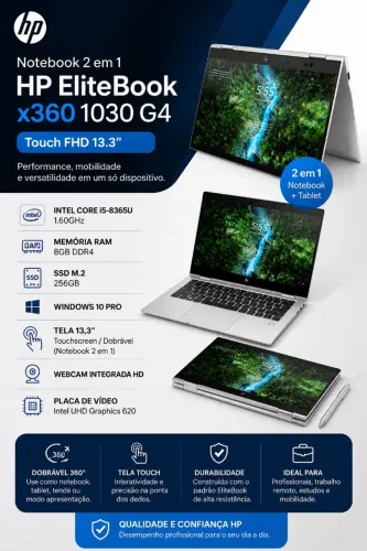 Notebook 2 em 1 HP EliteBook x360 1030 G4 Touch FHD 13,3? ? i5 | 8GB | SSD 256GB