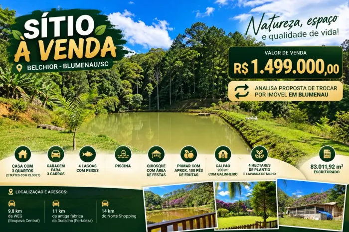 SÍTIO À VENDA NO BELCHIOR 83.011 m², CASA, 4 LAGOAS E POMAR | R$ 1.500.000