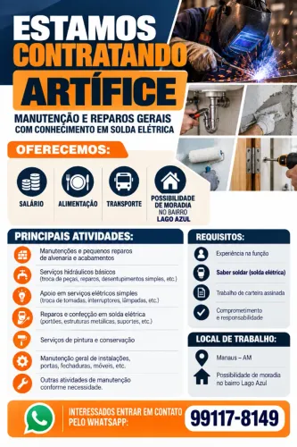 VAGA PARA ARTÍFICE - MANUTENÇÃO GERAL | MANAUS