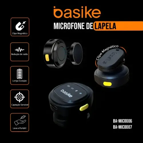 Microfone Lapela Sem Fio Basike Duplo Redução Ruído Pro- tipo C, redução de ruídos O Mic