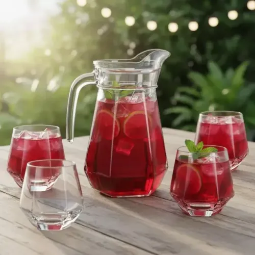 Jarra de Vidro com Tampa + 4 Copos Luxo Cozinha 1L e 260ML