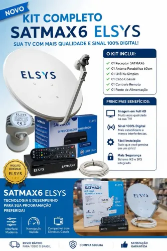 Kit Nova Parabólica Elsys SATMAX 6 Completo Antena 60cm Full HD Banda Ku Sem Mensalidade