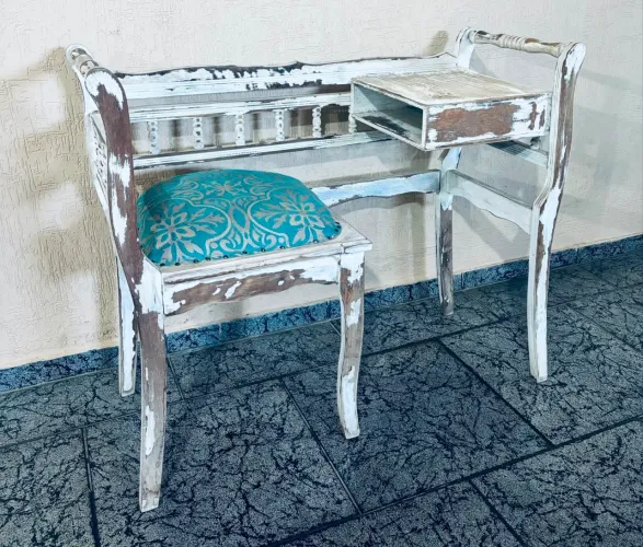Mesa De Telefone Antiga Namoradeira Pátina E Estofado Azul