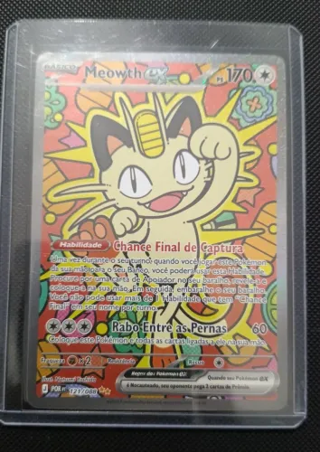 Carta pokémon: Meowth EX 121/088 NM BR, abaixo da liga.