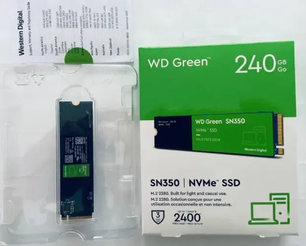 SSD WD Green SN350, 240GB, M.2 NVMe, Leitura 2400MBs e Gravação 900MBs
