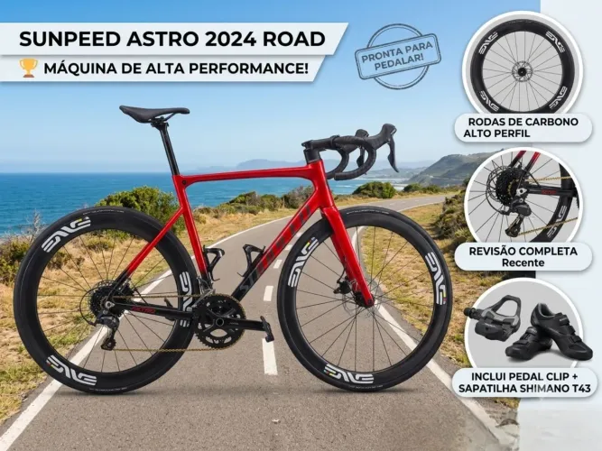 Bicicleta bike speed road Sunpeed Astro com rodas carbono, pedal de clip e sapatilha sh
