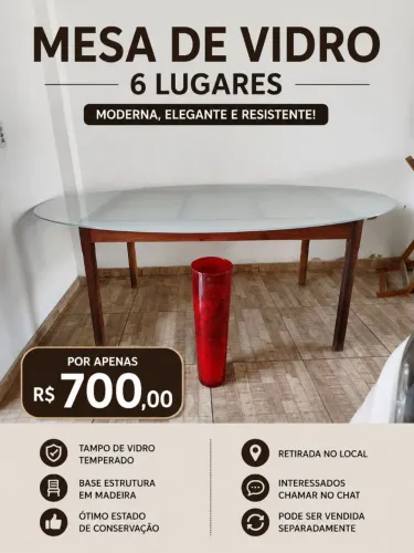 Mesa de Vidro 6 Lugares + Vaso Decorativo