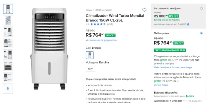 Climatizador Wind Turbo Mondial 150W CL-25L