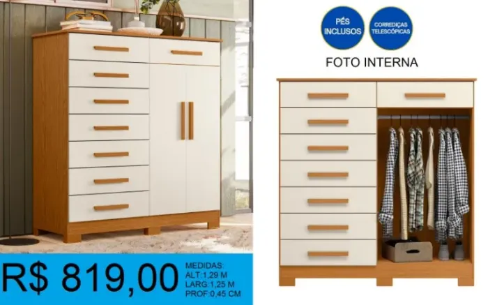 COMODA - COM CABIDEIRO - DISPONIVEL EM 3 CORES = ENTREGA E MONTAGEM POR NOSSA CONTA 