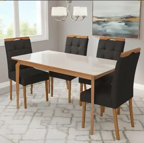 Conjunto Mesa Veneza 120 Cinamomo Off White com 4 Cadeiras Linho Grafite