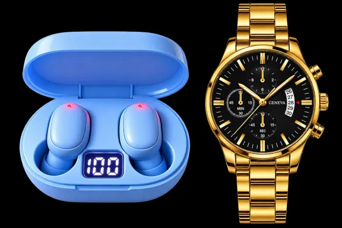 COMPRE 1 E LEVE O OUTRO! Kit Fone Bluetooth TWS Azul + Relógio Geneva Dourado