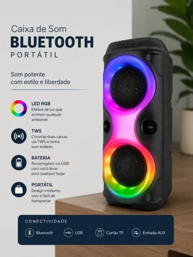 Caixa de som Bluetooth portátil com led TWS 30W