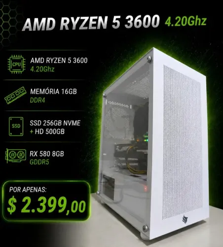 PC Gamer Ryzen 5 3600 4.2Ghz / Mem 16Gb / SSD 240Gb+HD 500Gb / RX 580 8Gb (aceito cartão)