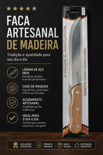 Faca Artesanal de Carne 8" com Cabo de Madeira e Lâmina em Aço Inox