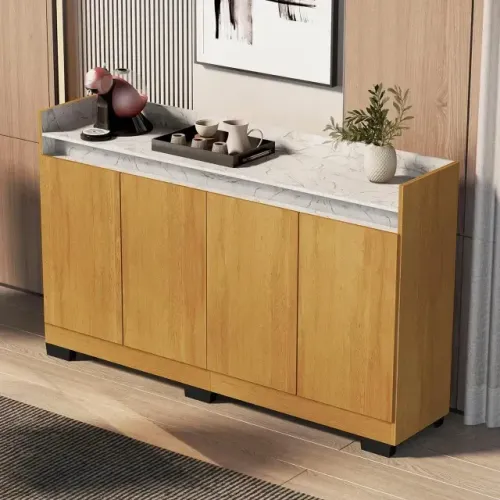 Buffet Real 4 Portas Marmorizado Mel/Marmore Branco