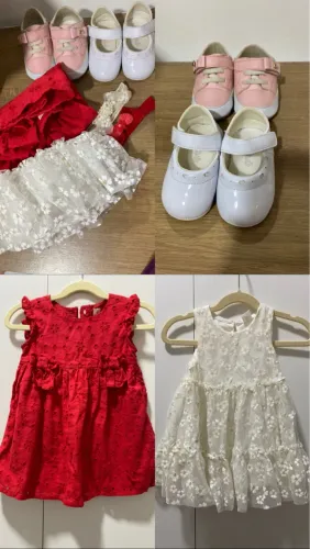 Kit vestidos vermelho e branco + calçados bebê de 6 a 9 meses