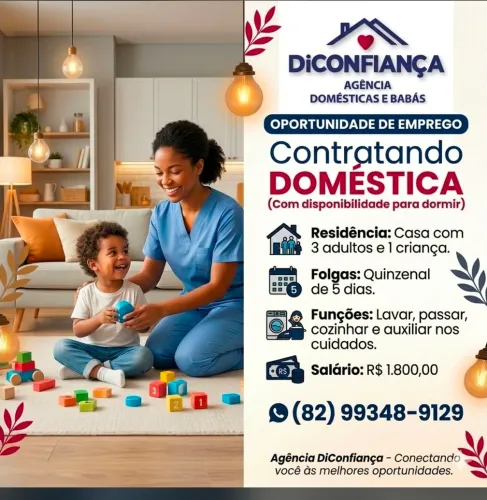 Vaga Para Doméstica (Para Dormir) - Salário R$ 1.800 + Folga Quinzenal de 5 Dias