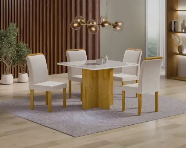 Mesa de Jantar Salinas 0.90x0.90 c/ 4 Cadeiras Tampo MDF C/ Vidro - Entrega Imediata!