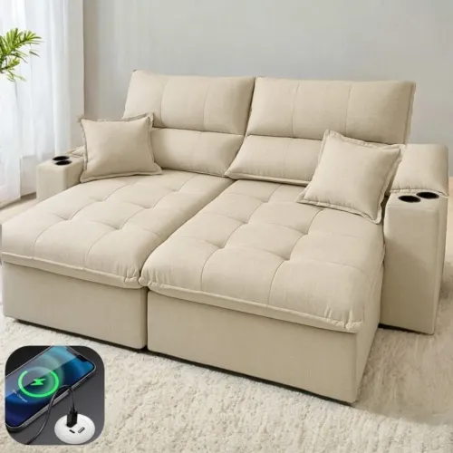 Sofá Retrátil e Reclinável 2,90m USB +Porta Copos c/ Molas Ensacadas tt765