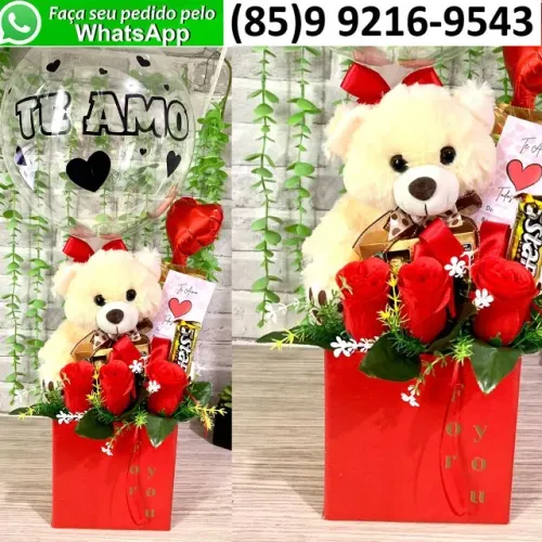 Kit Presente Dia dos Namorados Urso de Pelúcia Balão Bubble Chocolates Rosas Artificiais