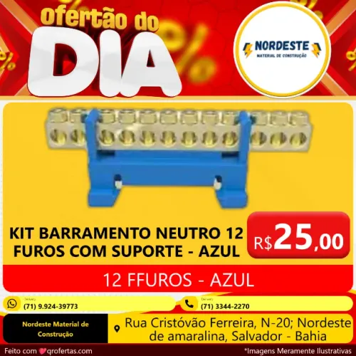 KIT BARRAMENTO NEUTRO 12 FUROS COM SUPORTE ( AZUL )