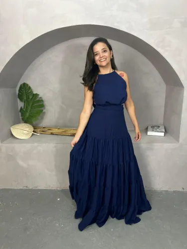 Lindo Vestido Longo Azul Marinho com Detalhes