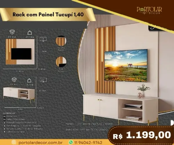 Rack com painel Tucupi 1,40 a pronta entrega 