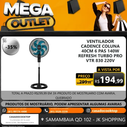 VENTILADOR CADENCE COLUNA 40CM 6 PAS 140W REFRESH TURBO PRO VTR830 220V VTR830-220