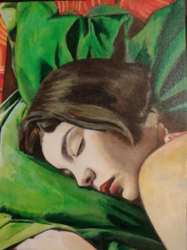 Pintura acrílico sobre tela 15x20 cm Amélie Poulain dormindo 
