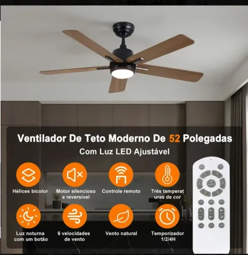 Ventilador de Teto FANSVENTO com Luz LED Controle Remoto 6 Velocidades