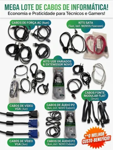 Megakit Cabos De Informática E PC - Variados (Força, Sata, VGA, USB, Áudio)