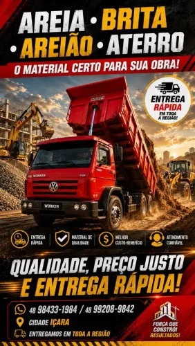 Brita, Areia lavada, Areião e Aterro entrega rápida e melhor preço!