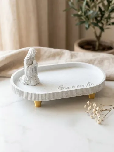 Bandeja Organizadora "Ore e Confie" com Escultura Nossa Senhora - Textura Mármore