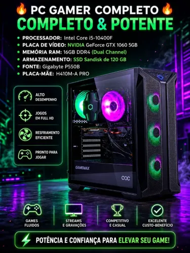 PC GAMER TURBINADO I5 10400F + GTX 1060 5GB + 16GB RAM + SSD DE 120GB