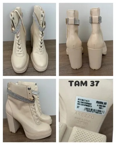 Arezzo Bota Coturno Off-White Couro Salto Alto