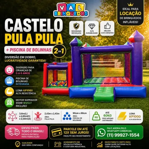 Castelo 2 em 1 com piscina de bolinhas com motor