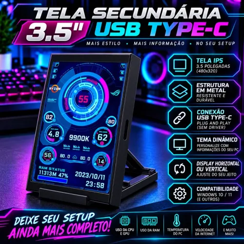 Tela LCD 3,5? USB para PC Gamer - Display Auxiliar Monitoramento CPU GPU RAM