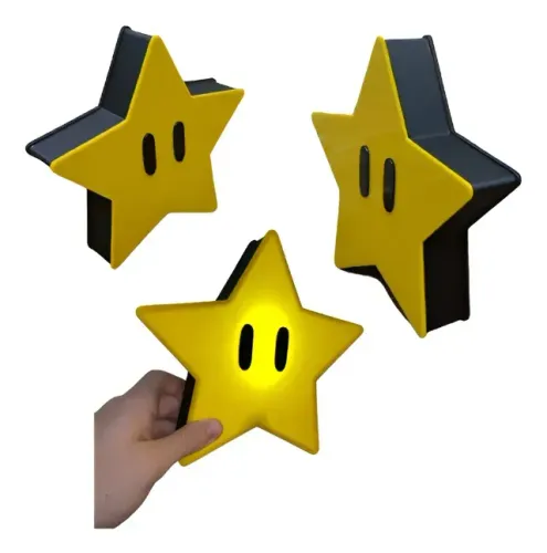 Luminária Abajur Estrela Super Mario Geek Kawaii Bross Led Amarelo Preto 127/220v