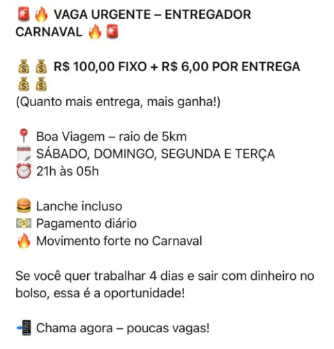 Vagas pra motoboy em hambúrgueria em boa viagem no período do carnaval