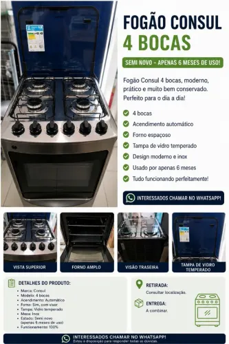 Fogão 4 bocas moderno e muito bem conservado.