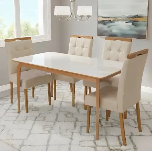 Conjunto Mesa Torino 120 Cinamomo Off White com 4 Cadeiras Linho Bege