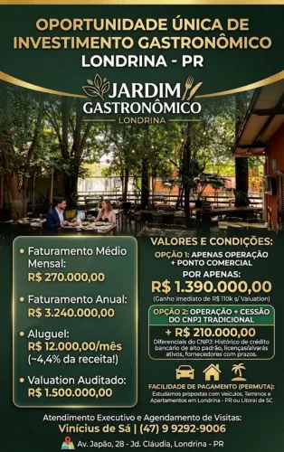 Vendo Restaurante JARDIM GASTRONÔMICO LONDRINA - Em Londrina no PR