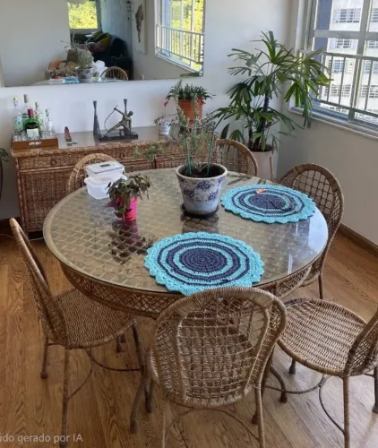 Mesa de jantar redonda rattan fibra natural- 1,20m com 6 cadeiras