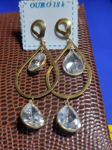 Brinco Gotas Ouro 18 Kilates Pedras Zircônia Peso 4.70 Gramas                             
