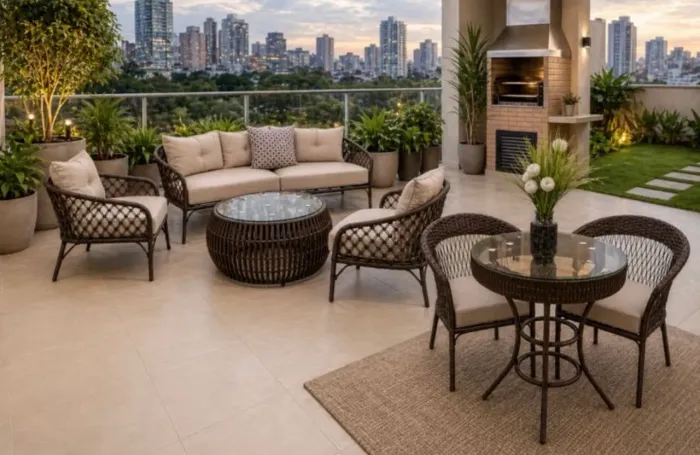 Conjunto sofa área externa + aparador + bistrô com 2 poltronas 