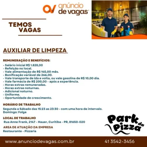 Auxiliar de limpeza - Park da Pizza - hauer 